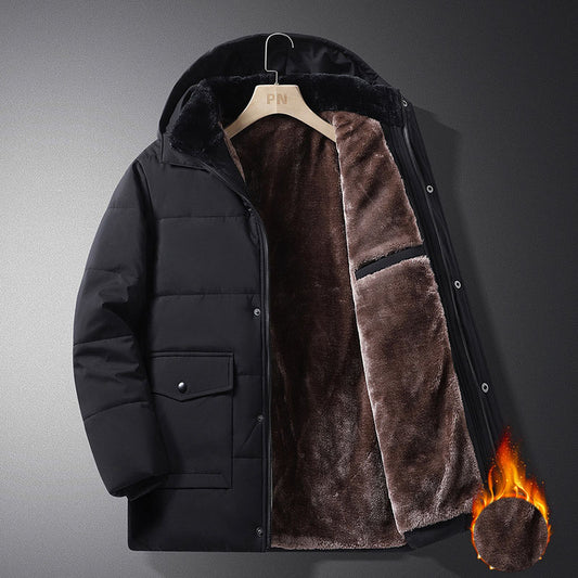 Men's winter coat by eprolo with hood, velvet and thick cotton for warmth, mid-length, suitable for business and leisure wear.