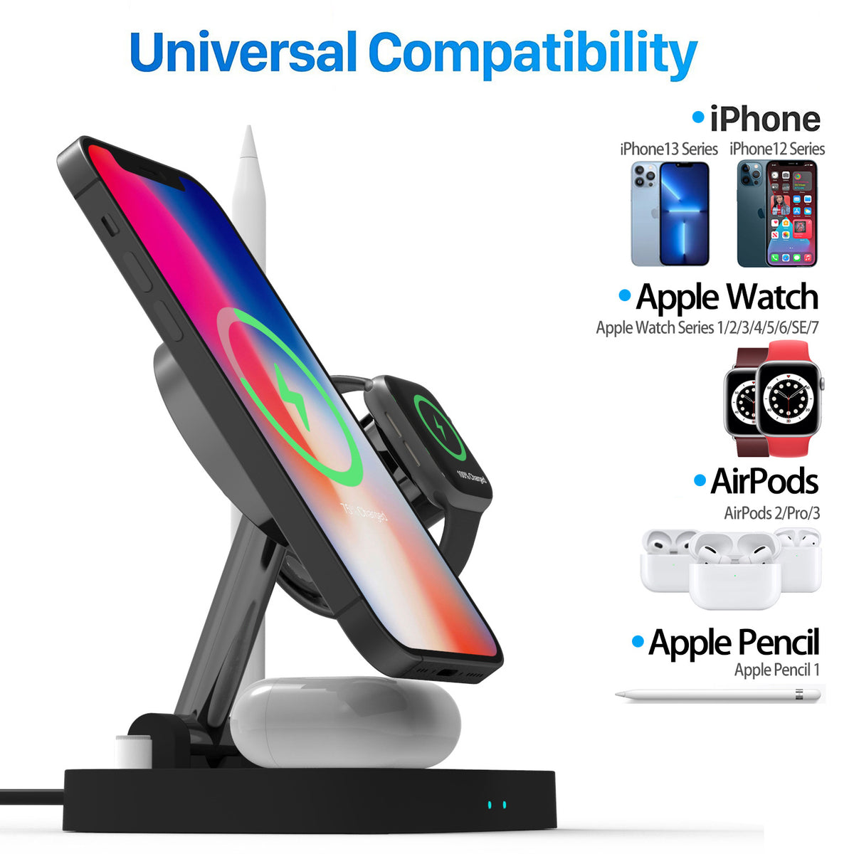 eprolo vertical MagSafe magnetic folding stand for mobile phone and watch, with wireless charger and headset holder.