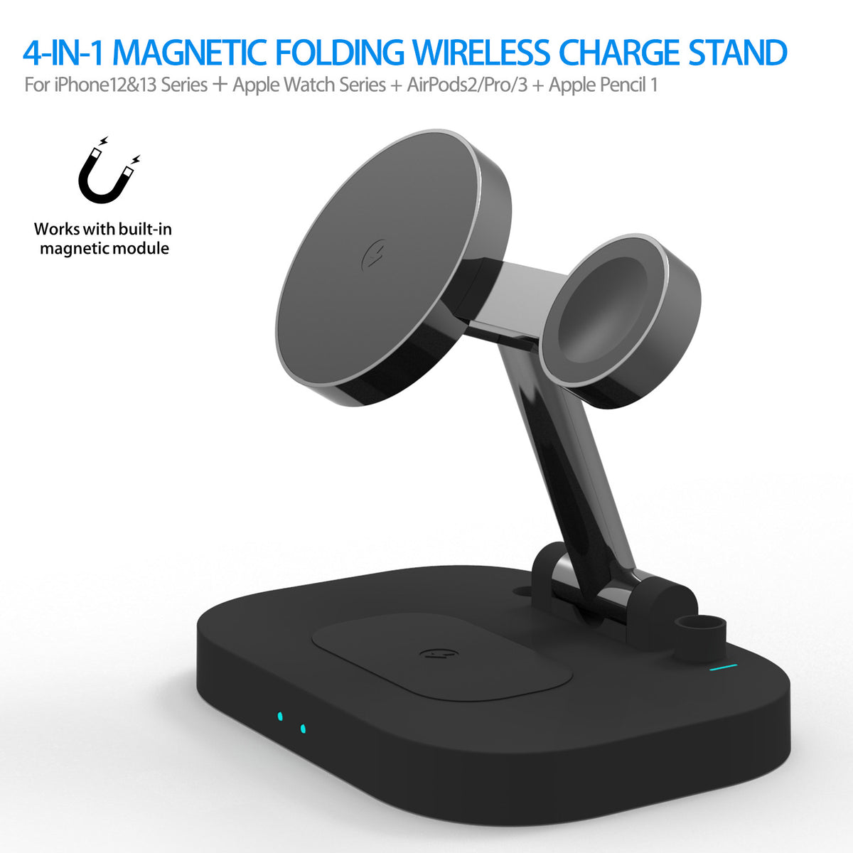 eprolo vertical MagSafe magnetic foldable stand for iPhone, watch, headset, and wireless charger on a sleek black surface