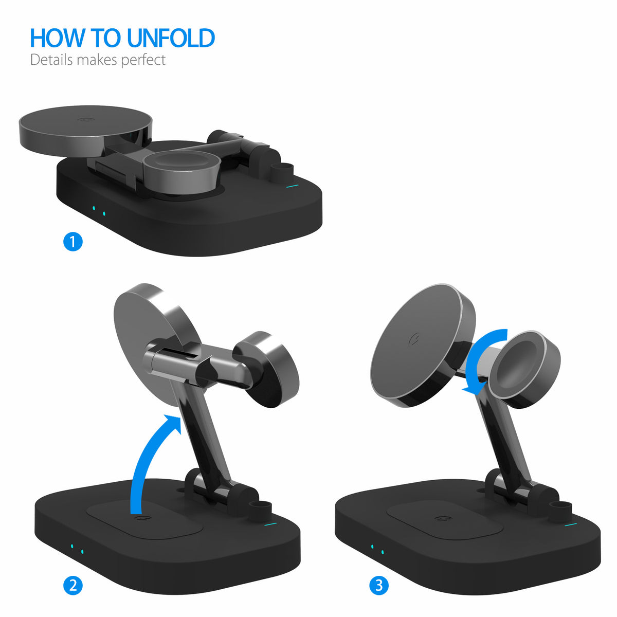 Eprolo vertical MagSafe magnetic folding stand with wireless charger, phone, watch, headset, and pen holder in one compact design.