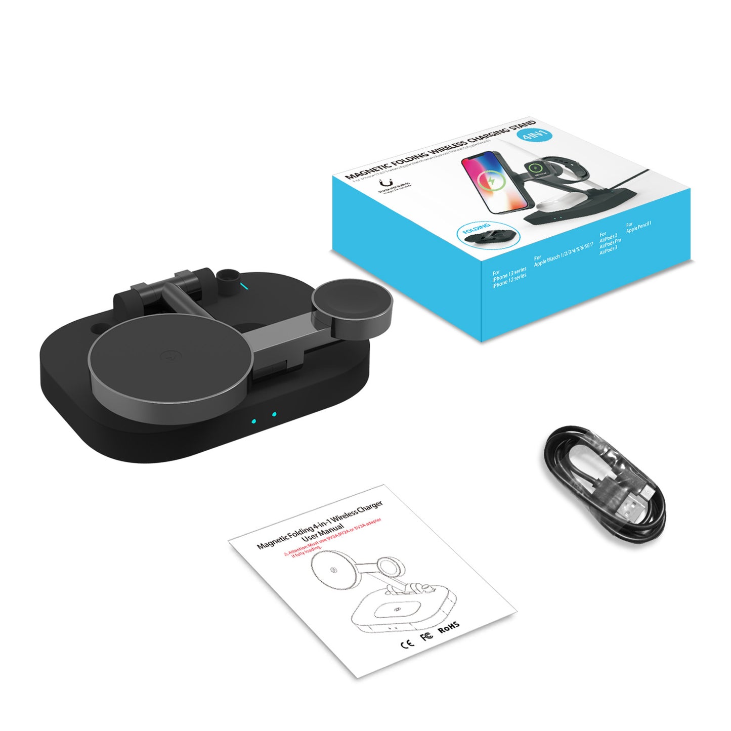 Eprolo vertical MagSafe magnetic folding stand with wireless charger for phone, watch, headset, and pen, 1st generation.