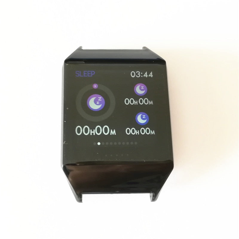 Eprolo W1S smart watch bracelet displaying fitness data, blood pressure, and heart rate monitor on a sleek digital screen.