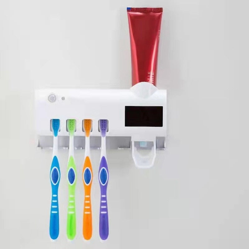 Eprolo wall toothbrush holder and toothpaste squeezer in a modern bathroom, with automatic disinfecting feature and bathroom accessories
