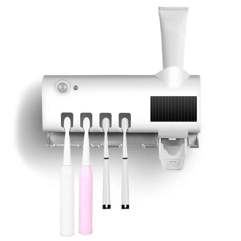 eprolo wall toothbrush holder with built-in toothpaste squeezer, automatic disinfect bathroom accessory, mounted on bathroom wall.