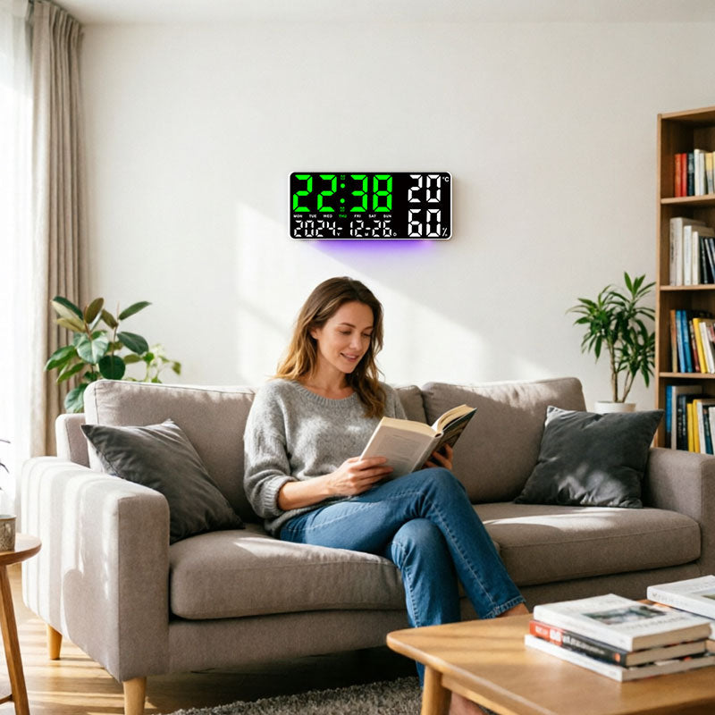 Digital Wall Clock with Temperature & Humidity Display, Multifunctional LED Alarm Clock with Remote Control, Ambient Light. - American Smart