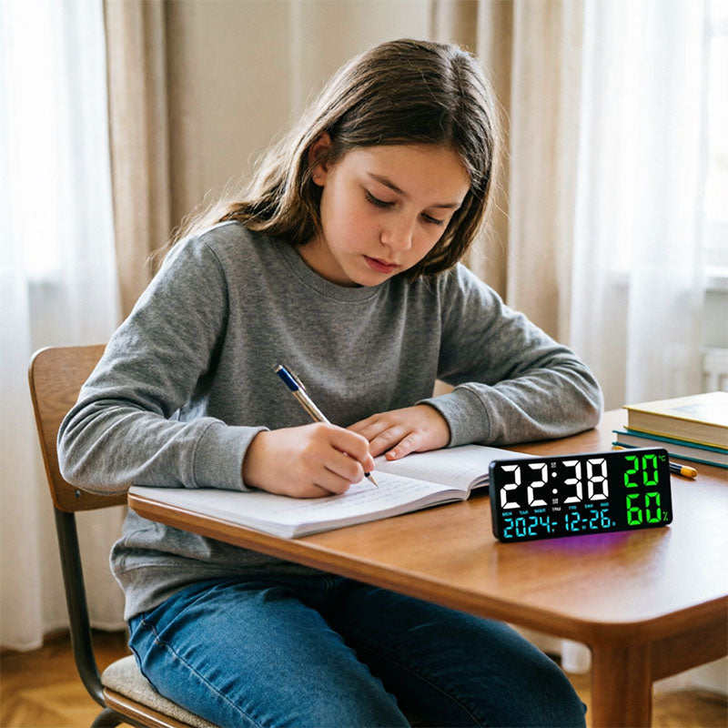 Digital Wall Clock with Temperature & Humidity Display, Multifunctional LED Alarm Clock with Remote Control, Ambient Light. - American Smart