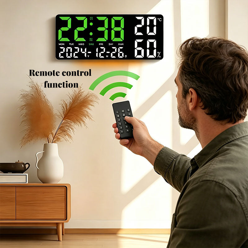 Digital Wall Clock with Temperature & Humidity Display, Multifunctional LED Alarm Clock with Remote Control, Ambient Light. - American Smart