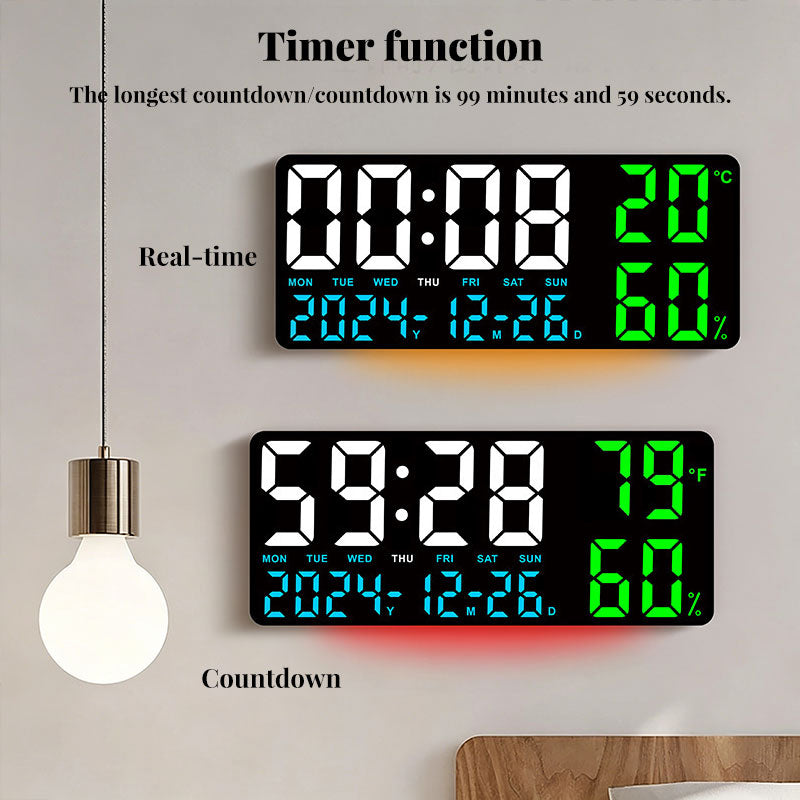 Digital Wall Clock with Temperature & Humidity Display, Multifunctional LED Alarm Clock with Remote Control, Ambient Light. - American Smart