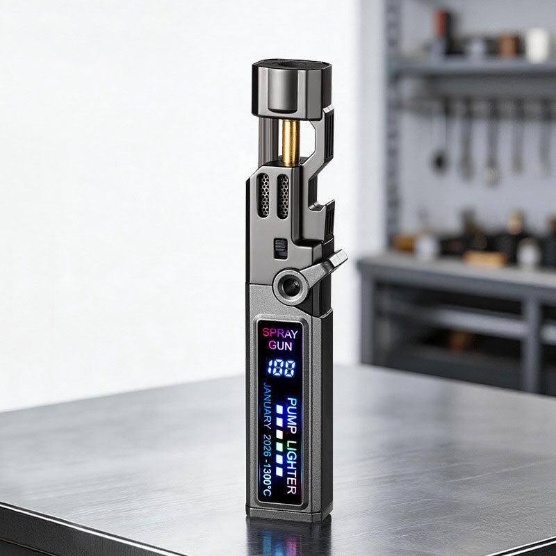 Eprolo windproof high-temperature outdoor torch lighter with metal body, LED digital display, and built-in bottle opener.