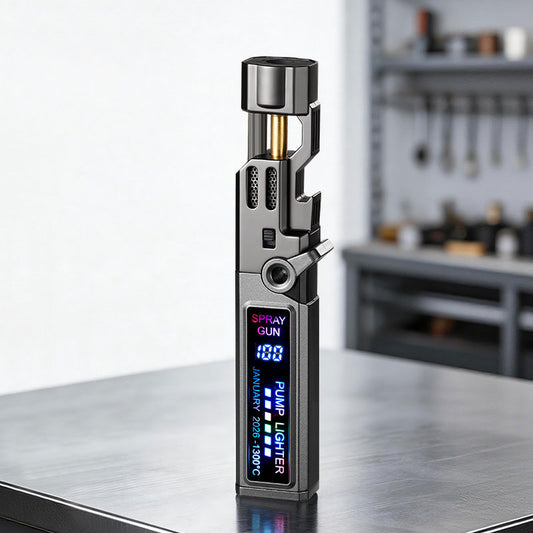 Eprolo windproof high-temperature outdoor torch lighter with metal body, LED digital display, and built-in bottle opener.