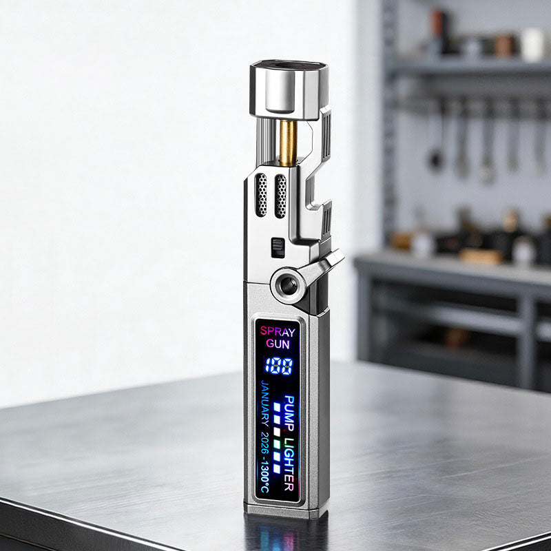 Eprolo windproof high-temperature outdoor torch lighter with LED display, metal body, and built-in bottle opener.