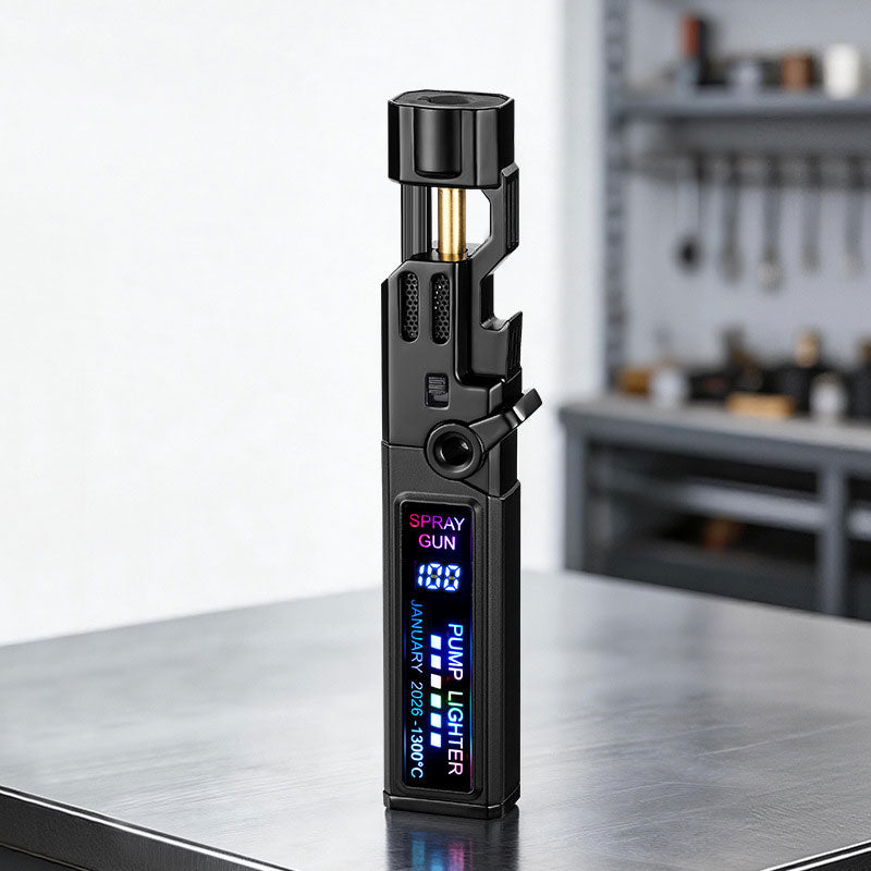 Eprolo windproof outdoor torch lighter with LED display, metal body, high-temperature flame, and built-in bottle opener.