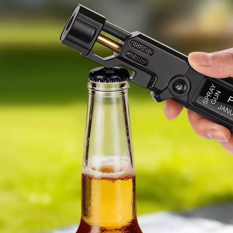 Eprolo windproof high-temperature outdoor torch lighter with LED display, metal body, and bottle opener on a white background.