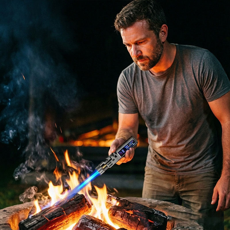 Eprolo windproof outdoor torch lighter with LED display, metal body, high-temperature flame, and bottle opener.
