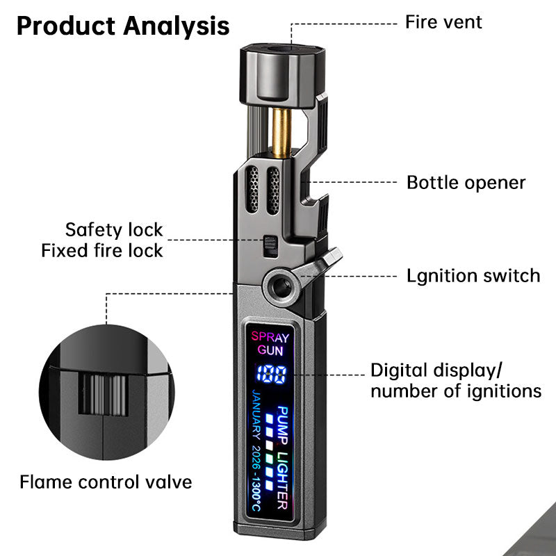 Eprolo windproof outdoor torch lighter with metal body, LED digital display, high-temperature flame, and built-in bottle opener.