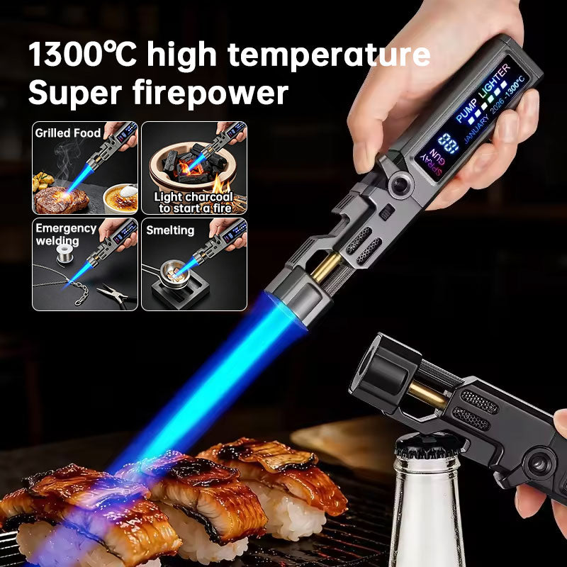 eprolo windproof high-temperature outdoor torch lighter with LED display, metal body, and bottle opener on a product image
