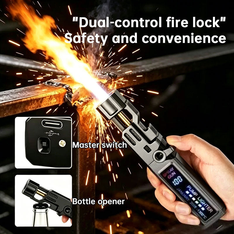 Eprolo windproof high-temperature outdoor torch lighter with LED display, metal body, and built-in bottle opener.