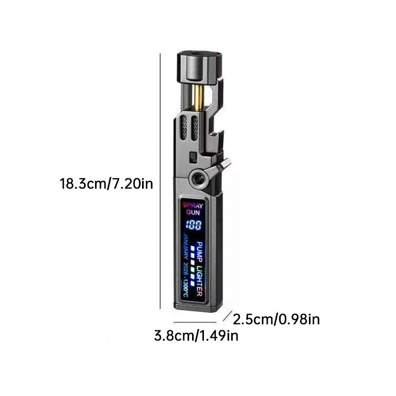 Eprolo windproof outdoor torch lighter with LED display, metal body, high-temperature flame, and built-in bottle opener.
