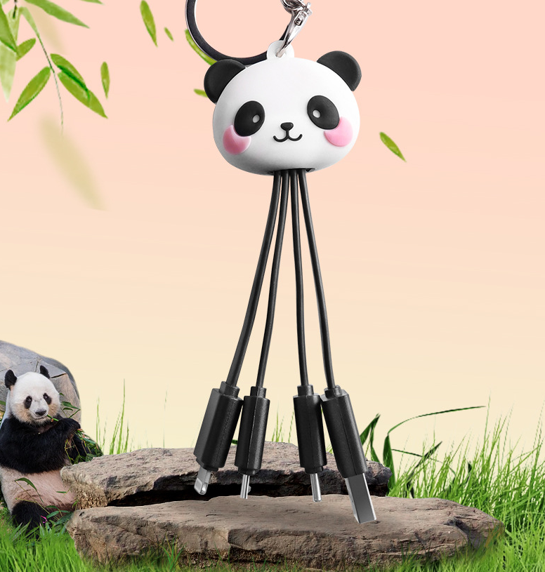Cartoon Panda One Drag Three Data Wires Cute Keychain Panda Three in One Fast Charging Mobile Phone Charging Cable - American Smart