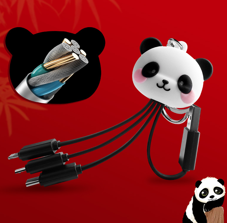Cartoon Panda One Drag Three Data Wires Cute Keychain Panda Three in One Fast Charging Mobile Phone Charging Cable - American Smart