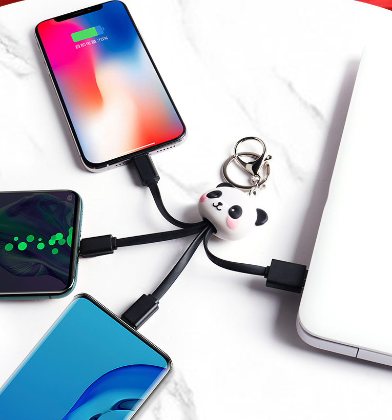 Cartoon Panda One Drag Three Data Wires Cute Keychain Panda Three in One Fast Charging Mobile Phone Charging Cable - American Smart