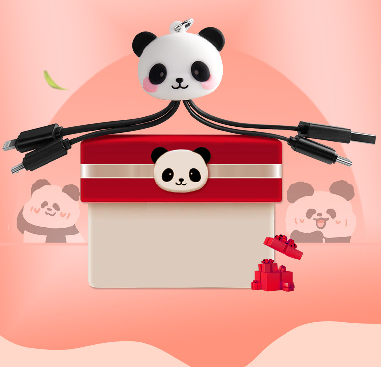 Cartoon Panda One Drag Three Data Wires Cute Keychain Panda Three in One Fast Charging Mobile Phone Charging Cable - American Smart