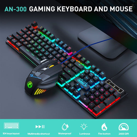 Eprolo wired gaming keyboard with floating keycaps, rainbow backlit, and matching gaming mouse set, featuring sleek design and illuminated keys.