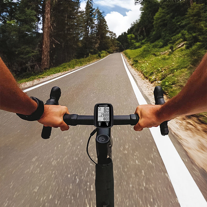 Wired LCD digital bicycle computer by eprolo showing speed, odometer readings, with backlight and bike mount.