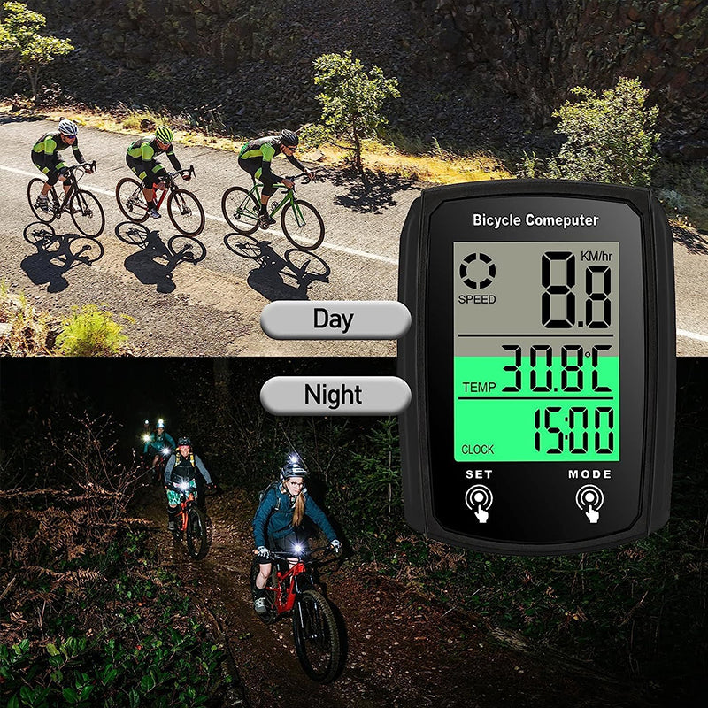 Wired LCD bicycle computer with backlight showing speedometer and odometer readings on a bike handlebar.