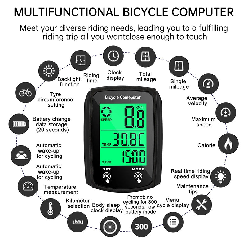 Wired LCD digital bicycle computer with backlight showing speedometer and odometer readings on a bike handlebar.