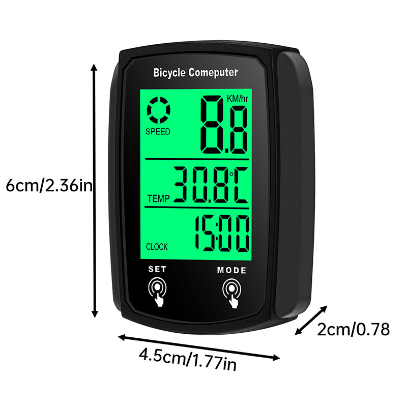 Wired LCD digital bicycle computer by eprolo showing speedometer and odometer with backlight on bike handlebar