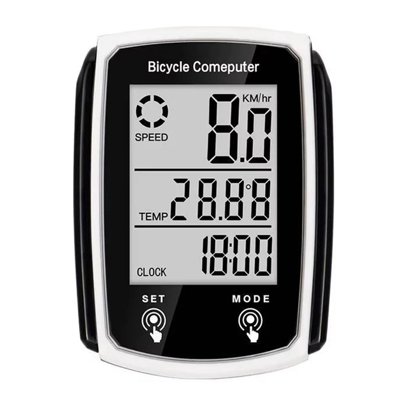 Wired LCD bicycle computer with backlight displaying speed and odometer readings on a bike handlebar.