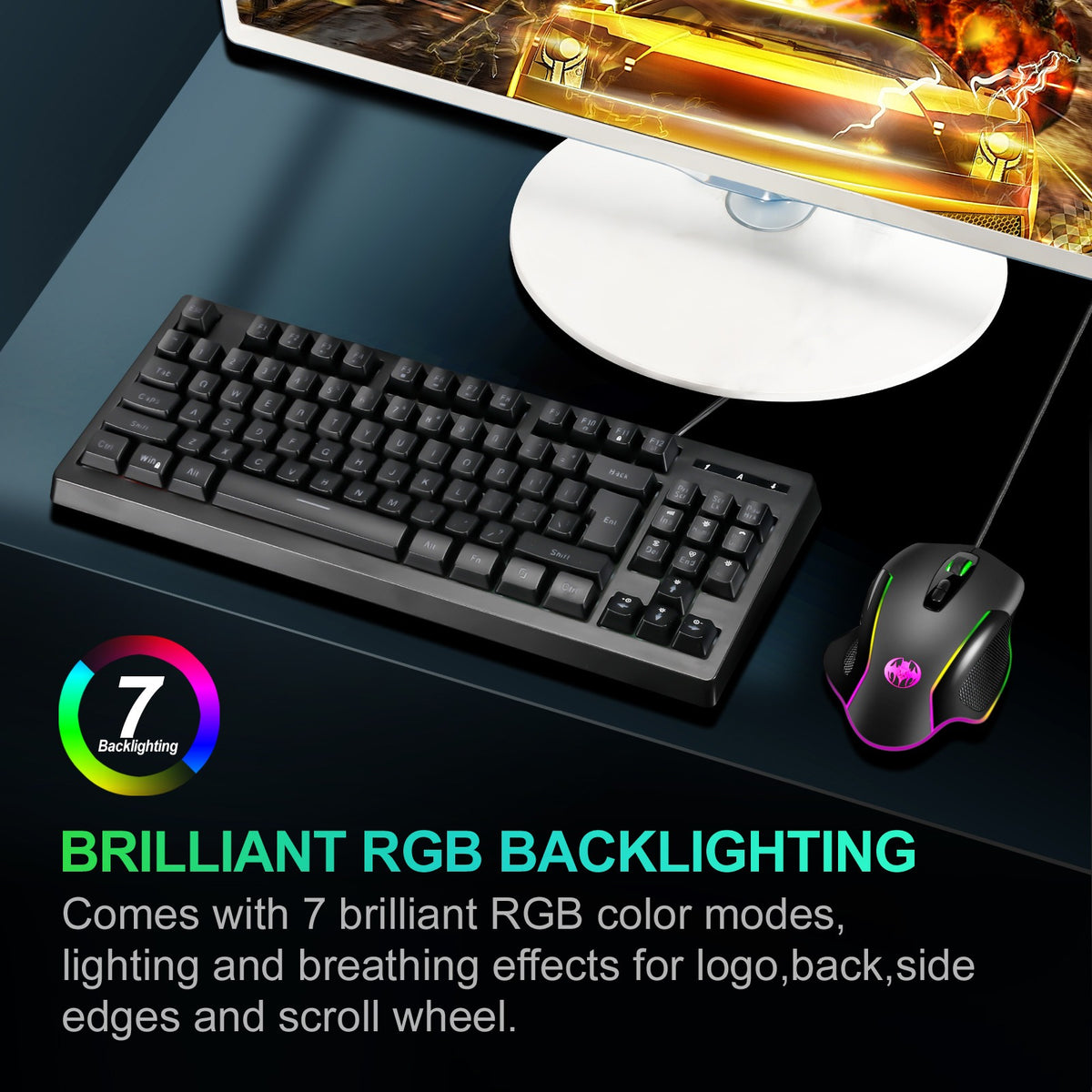 Eprolo wired optical gaming mouse with seven macro keys and breathing RGB lighting on a black surface.