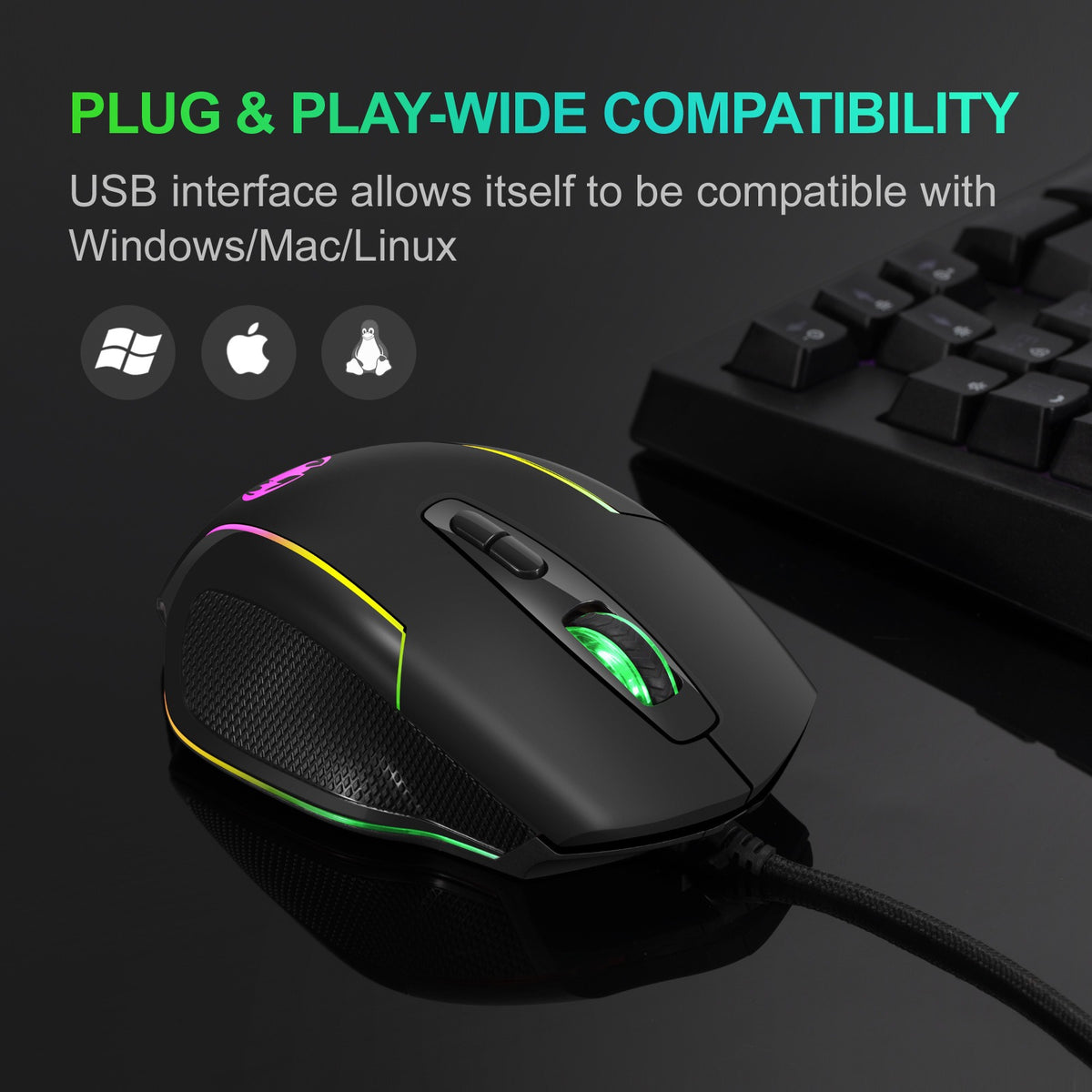 Eprolo wired optical gaming mouse with seven macro keys and breathing LED lighting on black background