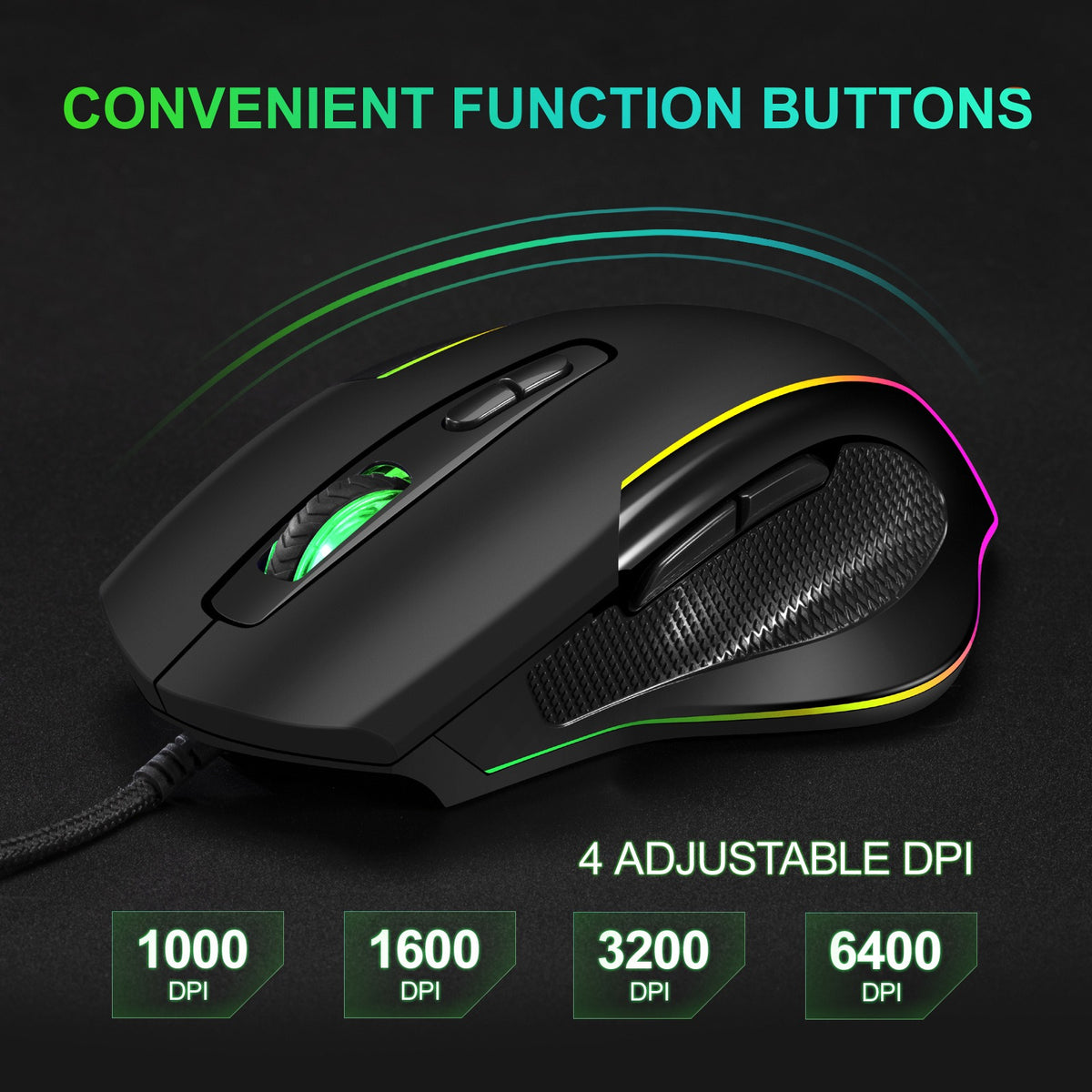 Wired optical gaming mouse by eprolo with seven macro keys and breathing RGB light, featuring a sleek black design.