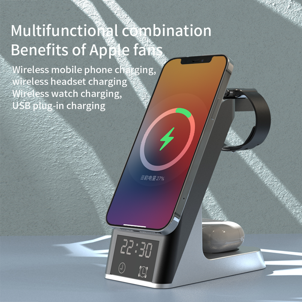 eprolo wireless charger 6-in-1 multi-function clock with fast magnetic suction charging for Apple iPhone 14, headset, watch, and alarm.