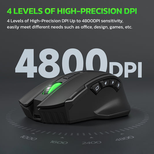 Wireless Bluetooth gaming mouse with 10 keys, RGB lighting, 4800DPI, dual-mode, and mute function by eprolo