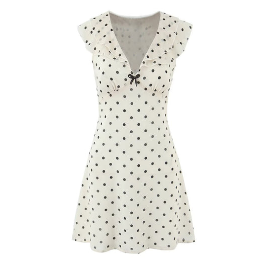 Women's fashionable classic French polka dot ruffle waist-in dress by eprolo, featuring a stylish design with ruffle details and polka dots.