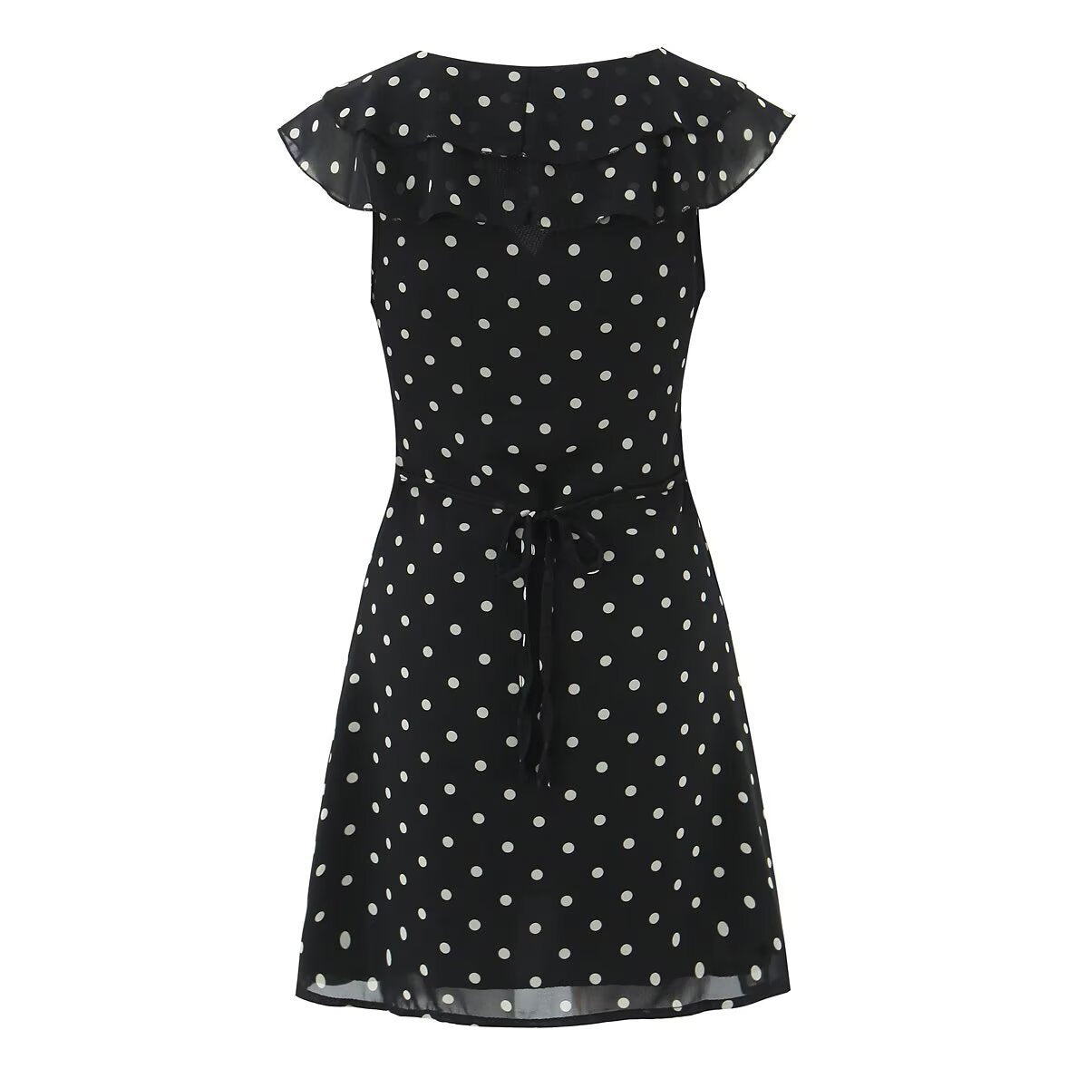 Women's fashionable French polka dot dress with ruffle waist, classic style by eprolo, shown in a stylish front view.