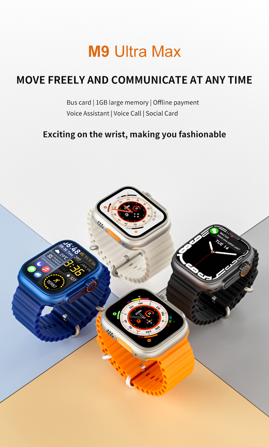 Eprolo M9 Ultra Max smart bracelet showing a sleek black band with digital display and fitness tracking features.
