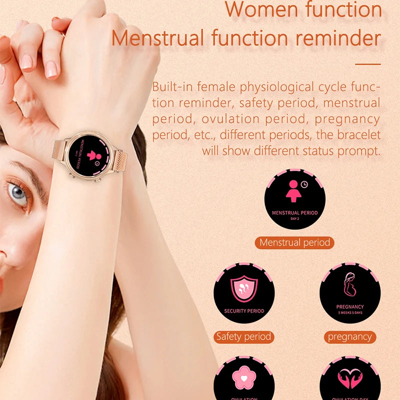Eprolo women’s M3 smart watch with heart rate tracker, music playback, and physiological cycle reminder on a black band.