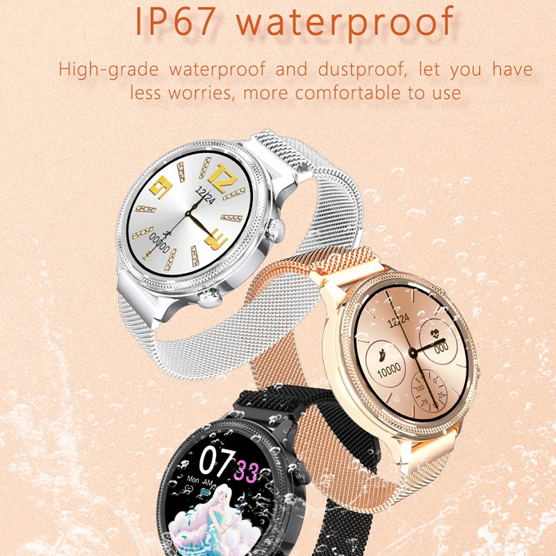 Eprolo women’s M3 smartwatch with heart rate tracker and music playback, featuring a feminine band and physiological cycle reminder.