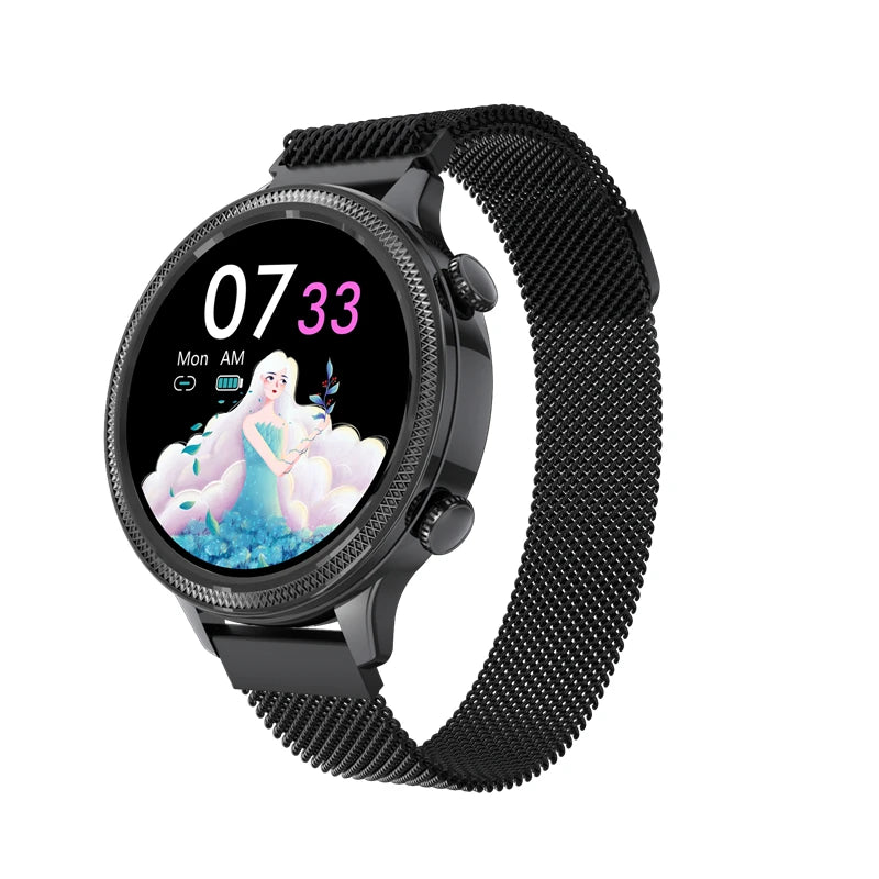 eprolo women’s M3 smartwatch showing heart rate monitor, music playback, and physiological cycle reminder on a sleek black band.