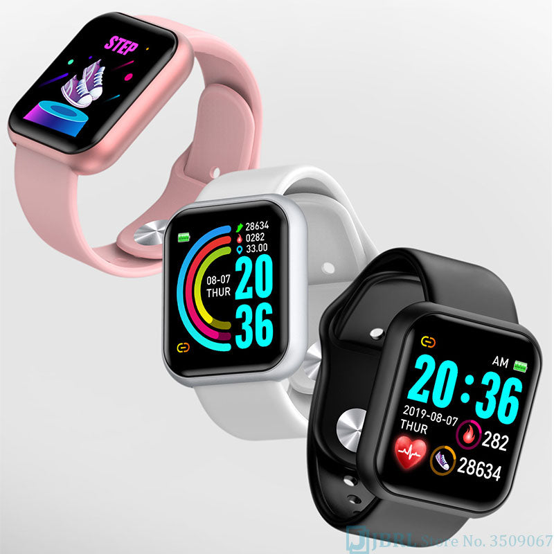 Eprolo women and men smart fitness band with Bluetooth, touchscreen display, and activity tracking on black wristband.