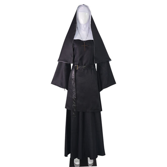 Eprolo Halloween The Nun Ghost Sister cosplay costume featuring a black horror nun outfit with priest-inspired design, including headpiece and robe.