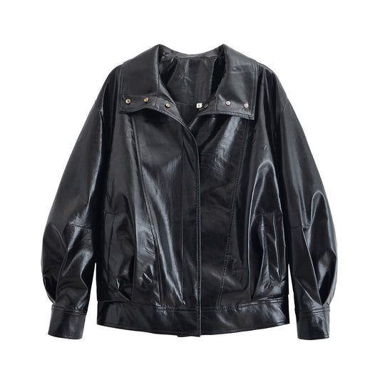 Women's retro cool leather jacket from eprolo, featuring classic design and stylish fit, shown on a model.