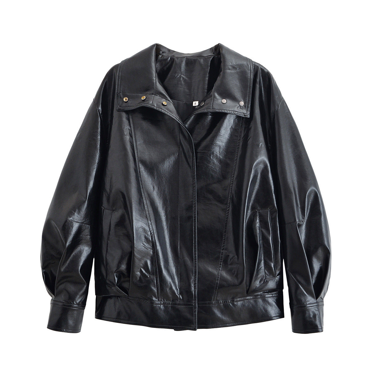 Women’s retro cool leather jacket by eprolo, featuring classic design and stylish fit, shown hanging on a wooden hanger.