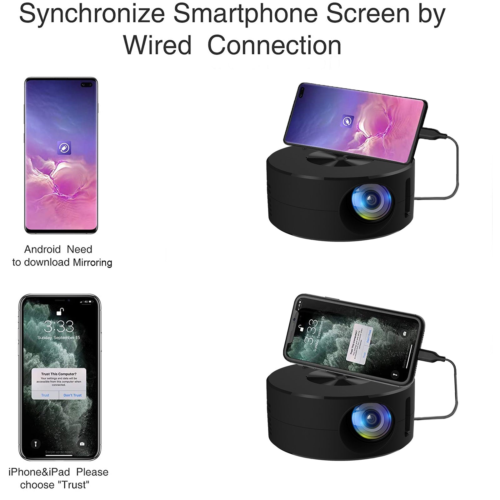 eprolo YT200 mini portable home projector displaying a mobile phone projection with a compact design and clear image quality.