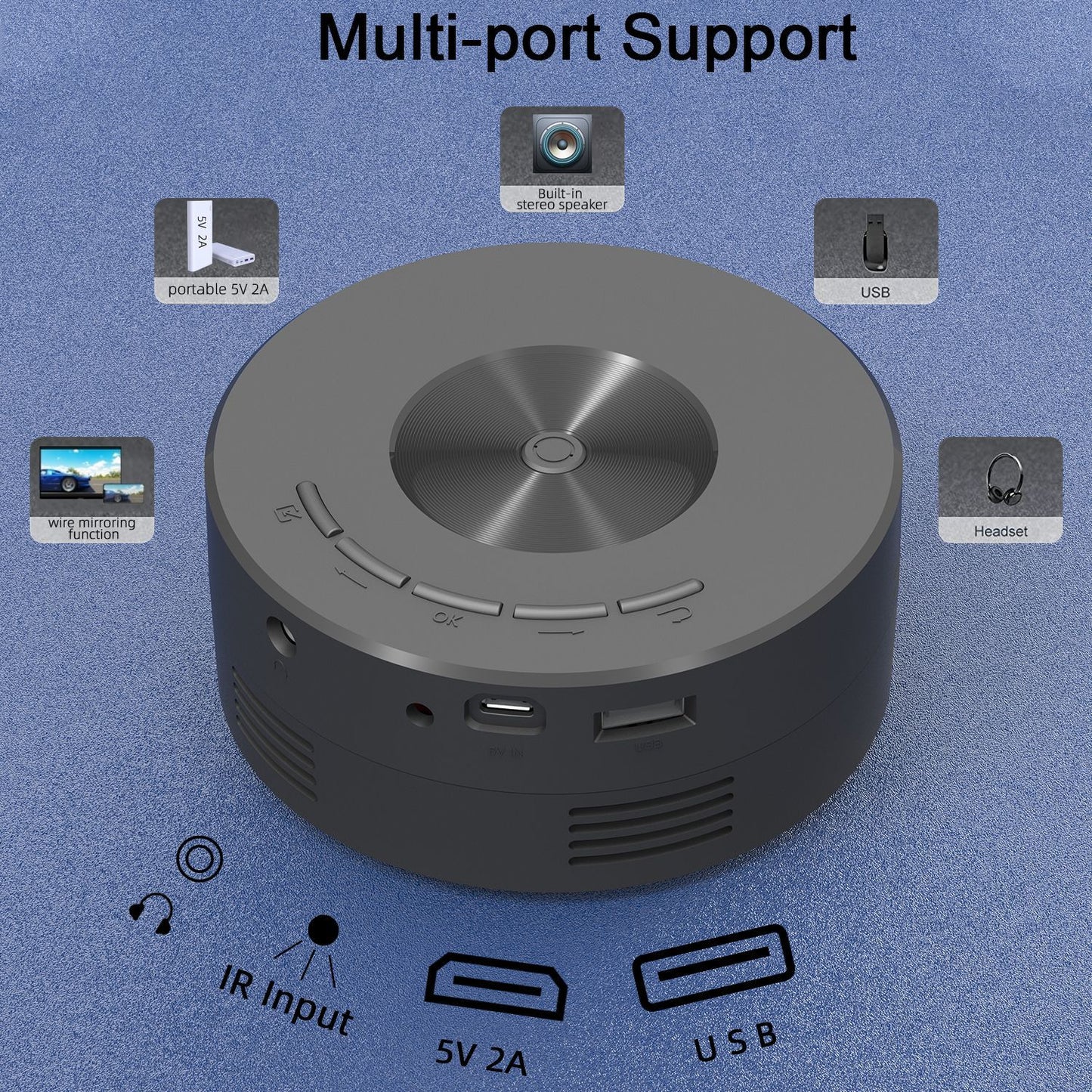 eprolo YT200 mini portable home projector displaying colorful images on a wall, compact design ideal for children's mobile phone projections.