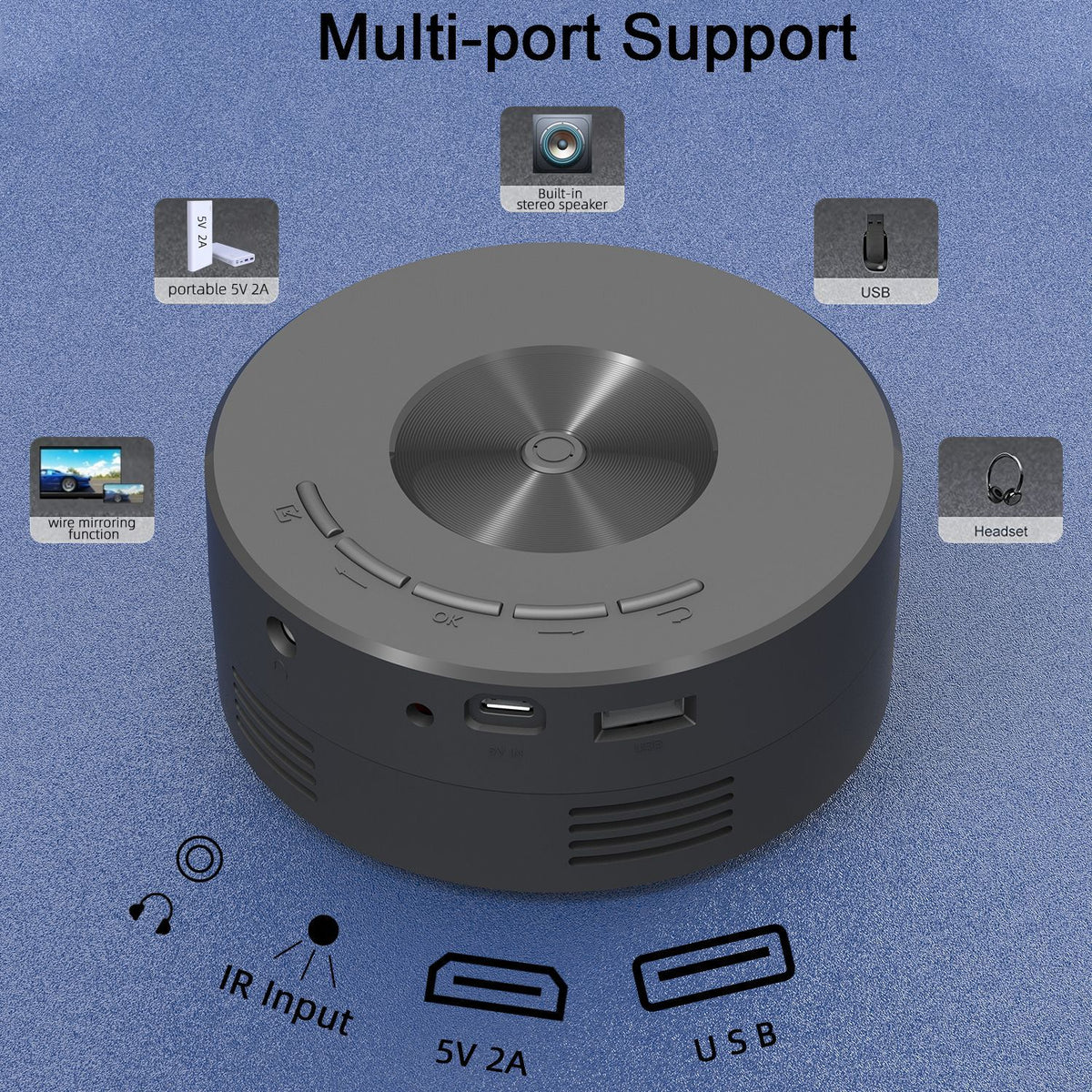 eprolo YT200 mini portable home projector displaying colorful images on a wall, compact design ideal for children's mobile phone projections.